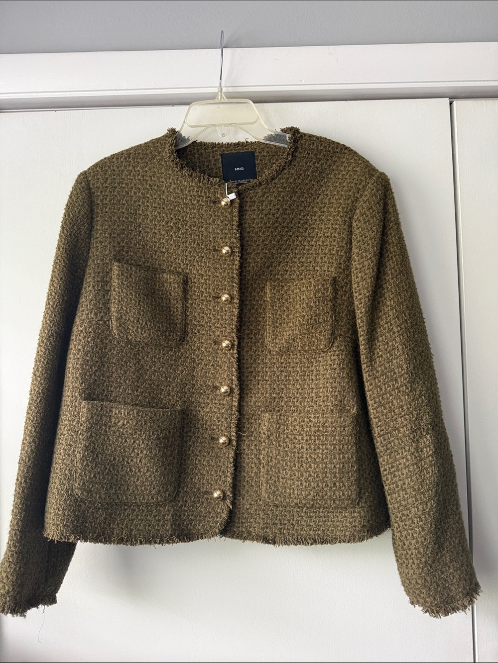 MNG Mango Wintour Tweed Jacket XXL Olive Green Brown Tan Jewel Buttons NWT - Picture 2 of 5